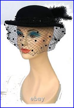 Vintage ARMAND BEVERLY HILLS Wool Derby Hat Fascinator Veil Netting Feather Bow