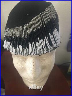 Vintage ART DECO BEADED SKULL CAP -Black White Flapper 1920S-Cleopatra Costume