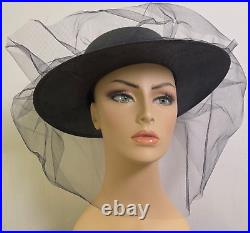 Vintage Adolfo II Black Straw Hat with Net Veil Saks Fifth Avenue YY450