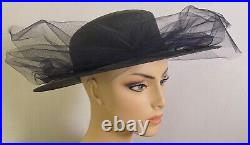 Vintage Adolfo II Black Straw Hat with Net Veil Saks Fifth Avenue YY450