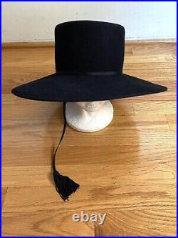 Vintage Adolfo Saks Fifth Avenue Black Merrimac Fur Pelt Wide Brim Hat XS 20