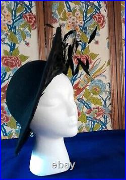 Vintage Adolfo ll Excello New York/Paris Black Wool withFeathers Ladies Hat