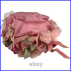 Vintage Ann Farkas Cloche Hat Blush Light Pink Flowers Velvet Ribbon 50s Fifties