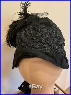 Vintage Antique 1900s Black Straw Hat With Feathers