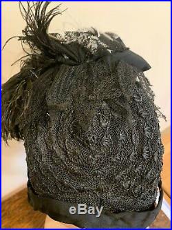 Vintage Antique 1900s Black Straw Hat With Feathers