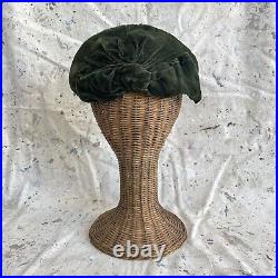 Vintage Antique 30's/40's Forest Green Turban Silk Velvet Hat Beret