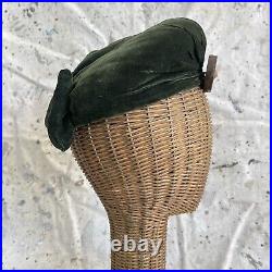 Vintage Antique 30's/40's Forest Green Turban Silk Velvet Hat Beret