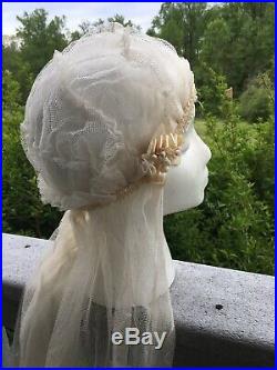 Vintage Antique Bridal Wedding Veil 1910s 1920s Cap Flapper Ivory Net