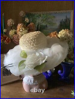 Vintage Antique Derby/ Summer A+ Creme Puff ADELE CLAIRE White Rose Tulle HAT