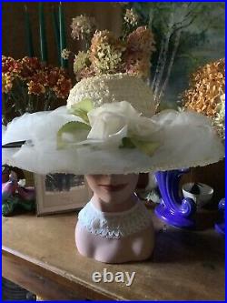 Vintage Antique Derby/ Summer A+ Creme Puff ADELE CLAIRE White Rose Tulle HAT