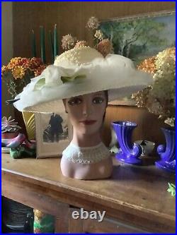 Vintage Antique Derby/ Summer A+ Creme Puff ADELE CLAIRE White Rose Tulle HAT