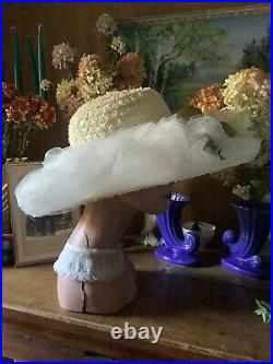 Vintage Antique Derby/ Summer A+ Creme Puff ADELE CLAIRE White Rose Tulle HAT