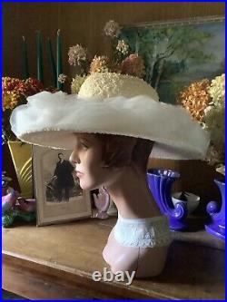 Vintage Antique Derby/ Summer A+ Creme Puff ADELE CLAIRE White Rose Tulle HAT