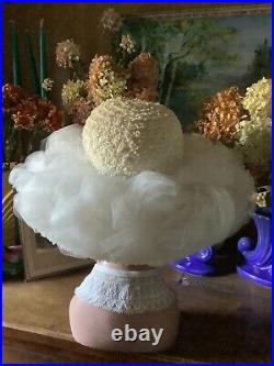 Vintage Antique Derby/ Summer A+ Creme Puff ADELE CLAIRE White Rose Tulle HAT