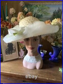 Vintage Antique Derby/ Summer A+ Creme Puff ADELE CLAIRE White Rose Tulle HAT