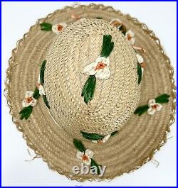 Vintage Antique Straw Flower Power Hippie Brimmed Hat Folk Art Boho Shabby Chic
