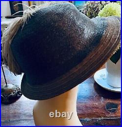 Vintage Antique Straw Hat w Ostrich Feathers C. F. Hovey Co. Paris Boston XX576