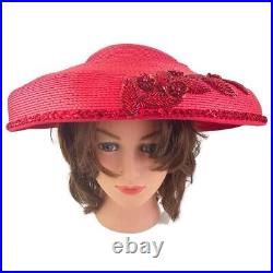 Vintage Bellini Hat Red Asymmetric Kentucky Derby Church Sequin Beaded Flower