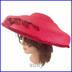 Vintage Bellini Hat Red Asymmetric Kentucky Derby Church Sequin Beaded Flower