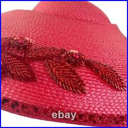 Vintage Bellini Hat Red Asymmetric Kentucky Derby Church Sequin Beaded Flower