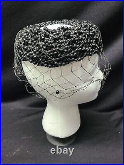 Vintage Bes-Ben 582 Green Black Beaded Veiled Ladies Hat in Box