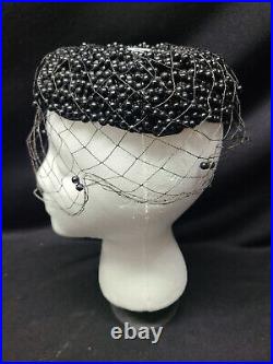 Vintage Bes-Ben 582 Green Black Beaded Veiled Ladies Hat in Box