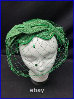 Vintage Bes-Ben Green Leaf and Bow Veiled Ladies Hat in Box