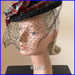 Vintage Beth Hats plaid bow black bonnet doll style hat 1940's