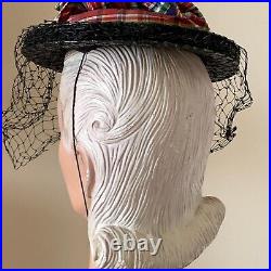 Vintage Beth Hats plaid bow black bonnet doll style hat 1940's