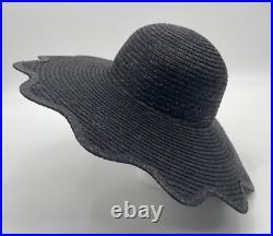 Vintage Betmar Wide Scalloped Brim Woven Sun Hat One Size Black Straw Italy