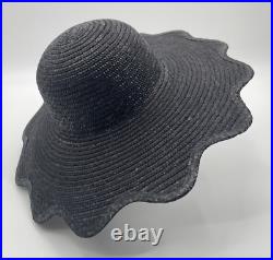 Vintage Betmar Wide Scalloped Brim Woven Sun Hat One Size Black Straw Italy