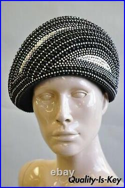 Vintage Bina Fashion Hats Black Iridescent Beaded Bejewel Derby Crown Beret Hat