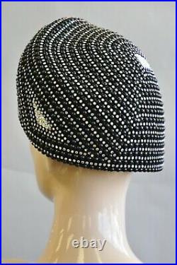 Vintage Bina Fashion Hats Black Iridescent Beaded Bejewel Derby Crown Beret Hat