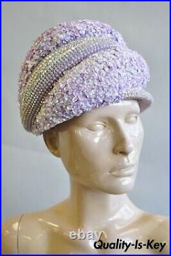 Vintage Bina Fashion Hats Purple Lavender Floral Jeweled Beaded Church Derby Hat