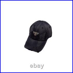 Vintage Black Hat with Enameled Triangle Logo Adjustable Women's Repurposed Hat