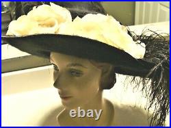 Vintage Black Sheared Beaver Edwardian Hat -Ostrich Feathers-MRS. F. HERBST-#764