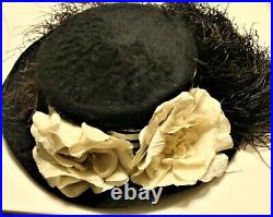 Vintage Black Sheared Beaver Edwardian Hat -Ostrich Feathers-MRS. F. HERBST-#764