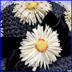 Vintage Black Straw Cloche Hat Daisy Flowers Black Velvet Band Union Label