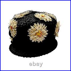 Vintage Black Straw Cloche Hat Daisy Flowers Black Velvet Band Union Label
