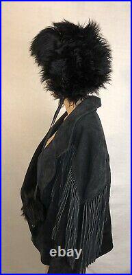 Vintage Black Tuscan Lamb Skin Fur Furry Winter Hat Made In Italy pom pom tie
