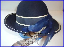 Vintage Blue Rimmed feathered Michael Howard 100% Wool Hat Church Lady