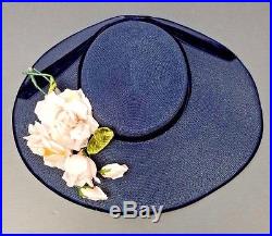 Vintage Blue Urbi et Orbi Wide Brim Hat with Pink Roses Yokohama Hat Shop