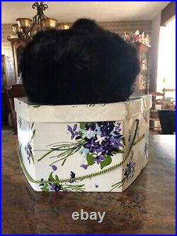 Vintage Bonwit Teller Black Rabbit Fur MADCAPS Hippy Hat in Original Violet Box