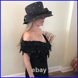 Vintage Brenda Waites Bolling Gorgeous Black Woven Hat With Crystals, Large Bow