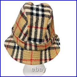 Vintage Burberry Classic Tartan Check Tweed Wool Bucket Hat Small Trilby Fedora