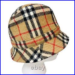 Vintage Burberry Classic Tartan Check Tweed Wool Bucket Hat Small Trilby Fedora