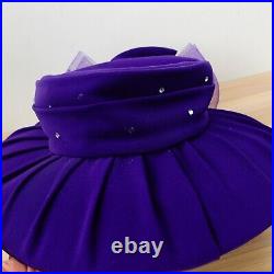 Vintage CARAMIA Hats Fascinator Royal Blue Wide Brim Tea Party Crystal Stud Bow