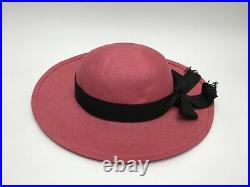 Vintage CHANEL Strawberry Pink Straw Black Bow Sun Hat Made In France Size 58