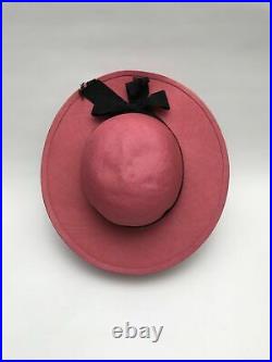 Vintage CHANEL Strawberry Pink Straw Black Bow Sun Hat Made In France Size 58