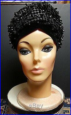 Vintage CHRISTIAN DIOR Chapeaux NY/Paris Black Faceted Jewels Slouch Turban WOW